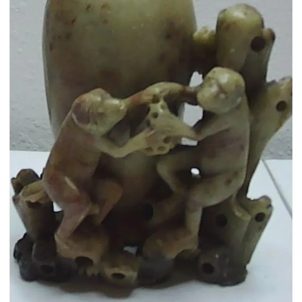 Vintage Asian China Hand Carved Two Monkeys Soapstone Vase Holder  5.5